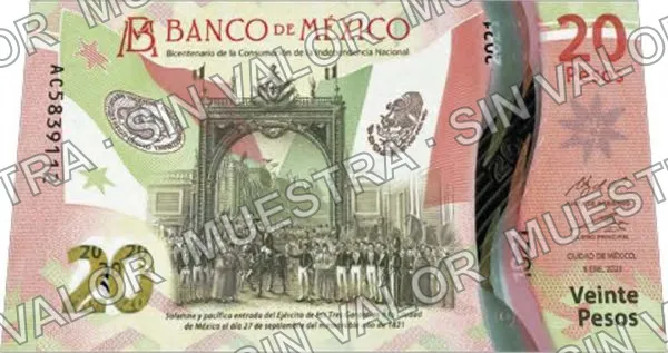 20 pesos, familia G, conmemorativo del bicentenario de la Independencia Nacional, anverso