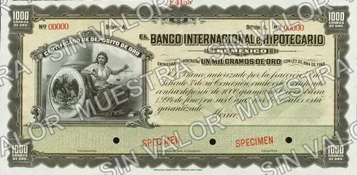 1,000 grams Banco Internacional é Hipotecario de México remainder (M232), anverso (M232s 1,000 grams Banco Internacional é Hipotecario de México specimen)