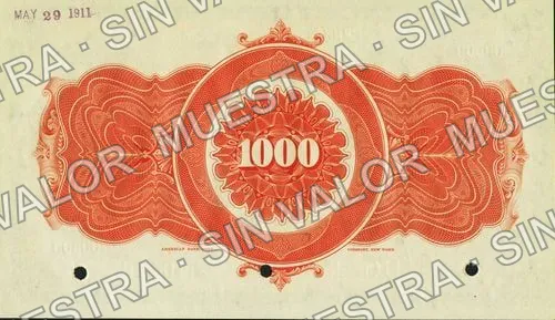1,000 pesos, Banco Central Mexicano (M205), M205 $1,000 Banco Central Mexicano specimen, reverso