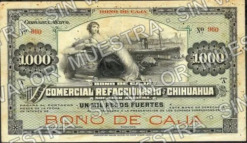1,000 pesos, Banco Comercial Refaccionario de Chihuahua (M92), M92r $1,000 Banco Comercial Refaccionario de Chihuahua, anverso