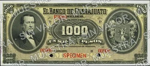 1,000 pesos, Banco de Guanajuato (M356), anverso (M356s $1,000 specimen)
