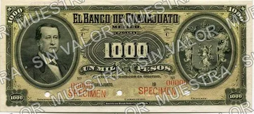 1,000 pesos, Banco de Guanajuato (M356), anverso (M356s $1,000 specimen)