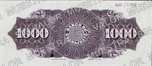 1,000 pesos, Banco de Guanajuato (M356), reverso (M356s $1,000 specimen)