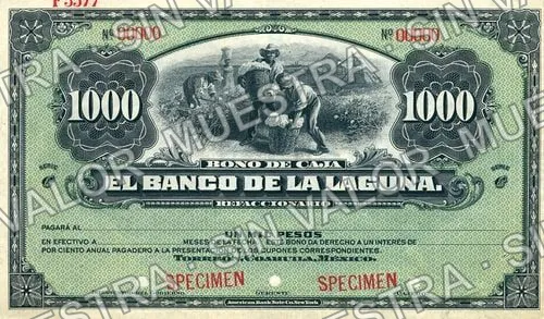 1,000 pesos, Banco de la Laguna (M190), M190 $1,000 Banco de la Laguna specimen, anverso
