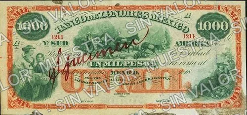 1,000 pesos, Banco de Londres, México y Sud América (M256), M256s $1,000 Banco de Londres, México y Sud América specimen, anverso