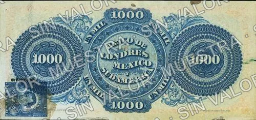 1,000 pesos, Banco de Londres, México y Sud América (M256), M256s $1,000 Banco de Londres, México y Sud América specimen, reverso