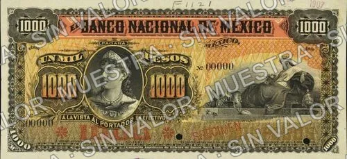 1,000 pesos, Banco de México (M305), reverso (M305s $1,000 Banco Nacional de México specimen)