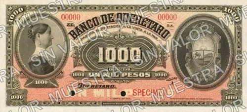 1,000 pesos, Banco de Querétaro (M479), anverso (M479s $1,000 Banco de Querétaro specimen)
