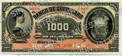 1,000 pesos, Banco de Querétaro (M479), anverso (M479s $1,000 Banco de Querétaro specimen)