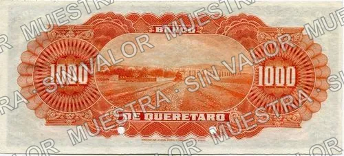 1,000 pesos, Banco de Querétaro (M479), reverso (M479s $1,000 Banco de Querétaro specimen)