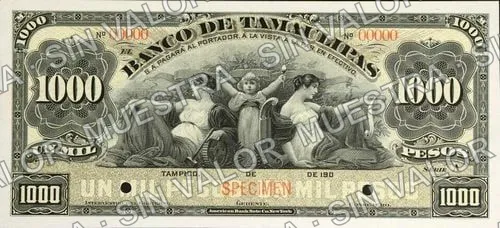1,000 pesos, Banco de Tamaulipas (M526), M526s $1,000 Banco de Tamaulipas specimen, anverso