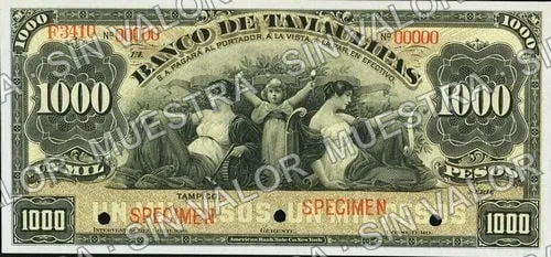 1,000 pesos, Banco de Tamaulipas (M526), M526s $1,000 Banco de Tamaulipas specimen, anverso
