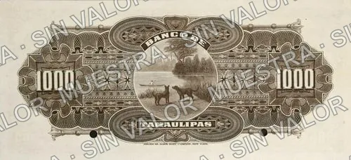 1,000 pesos, Banco de Tamaulipas (M526), M526s $1,000 Banco de Tamaulipas specimen, reverso