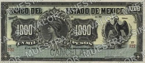 1,000 pesos, Banco del Estado de México (M402), anverso (M402r $1,000 "needlepunched 'CANCELADO')