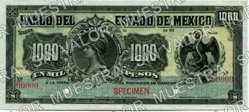 1,000 pesos, Banco del Estado de México (M402), anverso (M402s $1,000 Banco del Estado de México specimen)