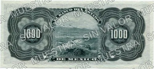 1,000 pesos, Banco del Estado de México (M402), reverso (M402s $1,000 Banco del Estado de México specimen)