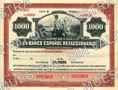 1,000 pesos, Banco Español Refaccionario (M455), anverso (M455 $1,000 Banco Español Refaccionario specimen)