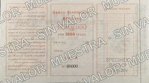1,000 pesos, Banco Hipotecario Mexicano (M218), M218 $1,000 Banco Hipotecario Mexicano specimen, reverso