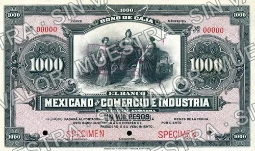 1,000 pesos, Banco Mexicano de Comercio é Industria (M293), M293 $1,000 Banco Mexicano de Comercio é Industria specimen, anverso
