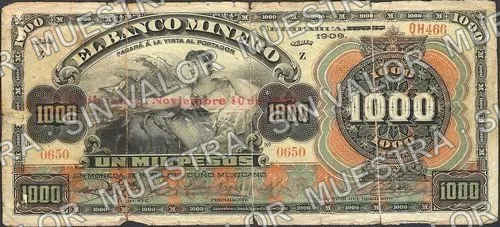 1,000 pesos, Banco Minero (M138), M138a $1,000 Banco Minero, anverso