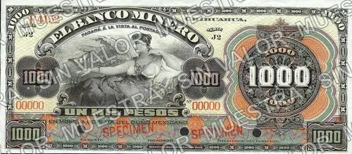 1,000 pesos, Banco Minero (M138), M138s $1,000 Banco Minero specimen, anverso
