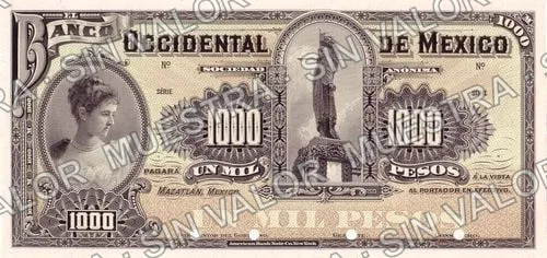 1,000 pesos, Banco Occidental de México (M501), anverso (M501s $1,000 Banco Occidental de México specimen)