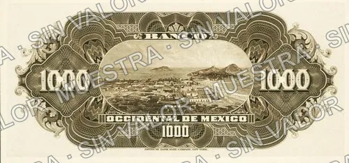 1,000 pesos, Banco Occidental de México (M501), reverso (M501s $1,000 Banco Occidental de México specimen)