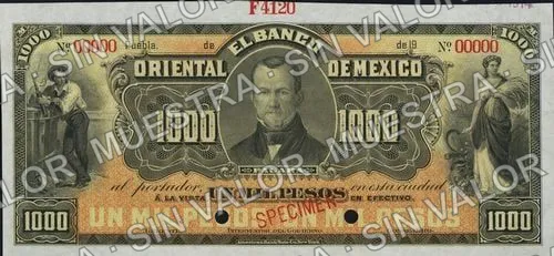 1,000 pesos, Banco Oriental de México (M466), anverso (M466s $1,000 Banco Oriental de México specimen)