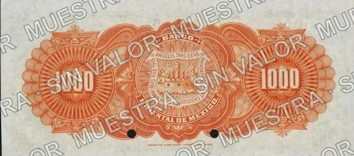 1,000 pesos, Banco Oriental de México (M466), reverso (M466s $1,000 Banco Oriental de México specimen)