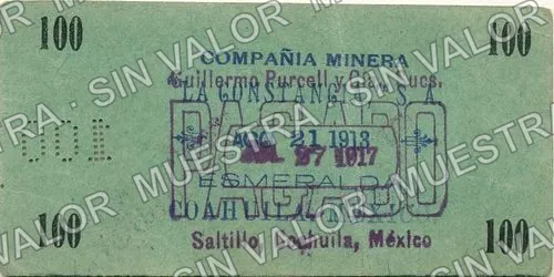 1 peso, .1 Cía. Minera La Constancia (M1117), reverso (M1117b $1 Cía. Minera La Constancia)
