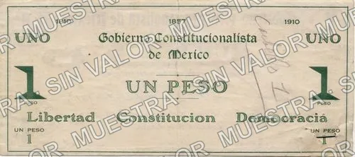 1 peso, an early mock-up of the Monclova issue (M981), M981 $1 an early mock-up of the Monclova issue, reverso