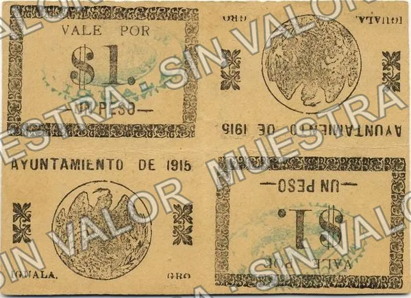 1 peso, Ayuntamiento de 1915, Iguala (M1950), M1950b $1 uncut sheet of four, anverso