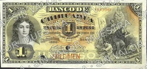1 peso, Banco de Chihuahua (M75), anverso (M75s $1 Banco de Chihuahua specimen)