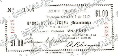 1 peso, Banco de Coahuila (M1028), anverso (M1028b $1Banco de Coahuila counterfeit)