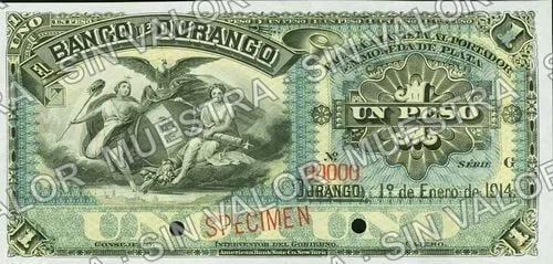 1 peso, Banco de Durango (M331), M331s $1 Banco de Durango specimen, anverso