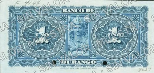 1 peso, Banco de Durango (M331), M331s $1 Banco de Durango specimen, reverso