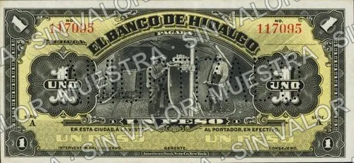 1 peso, Banco de Hidalgo (M368), anverso (M368r $1 needlepunched 'AMORTIZADO')
