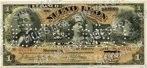 1 peso, Banco de Nuevo León (M433), M433r $1 needle-punched 'CANCELADO', anverso