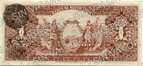 1 peso, Banco de Nuevo León (M433), M433r $1 needle-punched 'CANCELADO', reverso