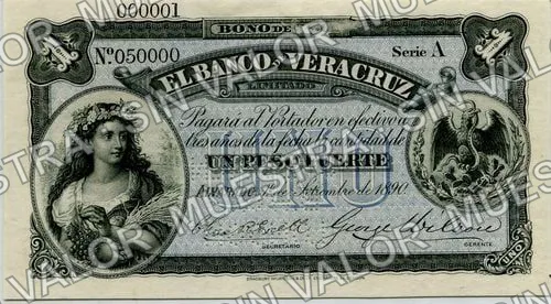 1 peso, Banco de Veracruz (M537), M537s $1 Banco de Veracruz specimen, anverso
