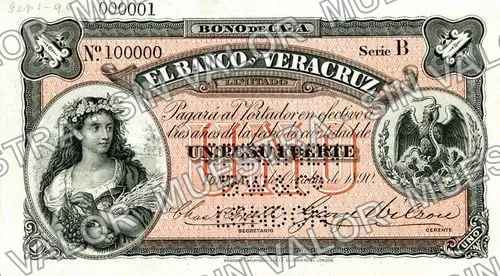 1 peso, Banco de Veracruz (M537), M537s $1 Banco de Veracruz specimen, anverso