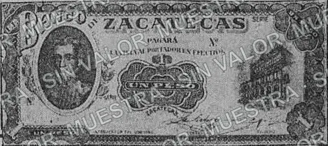 1 peso, Banco de Zacatecas proof (M572), anverso