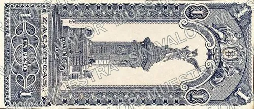 1 peso, Banco de Zacatecas proof (M572), reverso