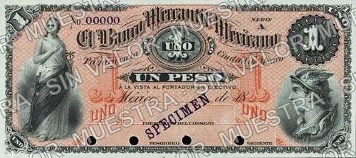 1 peso, Banco Mercantil Mexicano (M282), M282s $1 Banco Mercantil Mexicano specimen, anverso