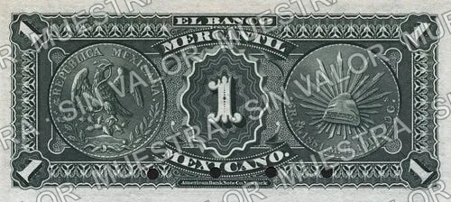 1 peso, Banco Mercantil Mexicano (M282), M282s $1 Banco Mercantil Mexicano specimen, reverso