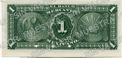1 peso, Banco Mercantil Mexicano (M282), M282s $1 Banco Mercantil Mexicano specimen, reverso