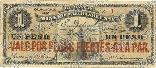 1 peso, Banco Minero Chihuahuense brown underprint, VALE POR PESOS A LA PAR (M148), M148a $1 Banco Minero Chihuahuense brown underprint, VALE POR PESOS A LA PAR, anverso
