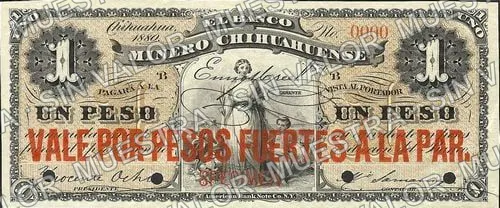1 peso, Banco Minero Chihuahuense brown underprint, VALE POR PESOS A LA PAR (M148), M148s $1 Banco Minero Chihuahuense specimen, anverso