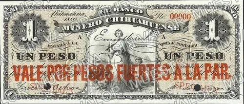 1 peso, Banco Minero Chihuahuense brown underprint, VALE POR PESOS A LA PAR (M148), M148s $1 Banco Minero Chihuahuense specimen, anverso