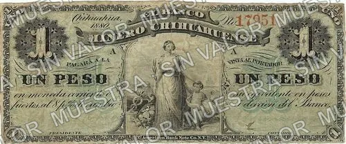 1 peso, Banco Minero Chihuahuense green underprint one of the stolen notes (M147), M147a $1 Banco Minero Chihuahuense green underprint (one of the stolen notes, anverso
